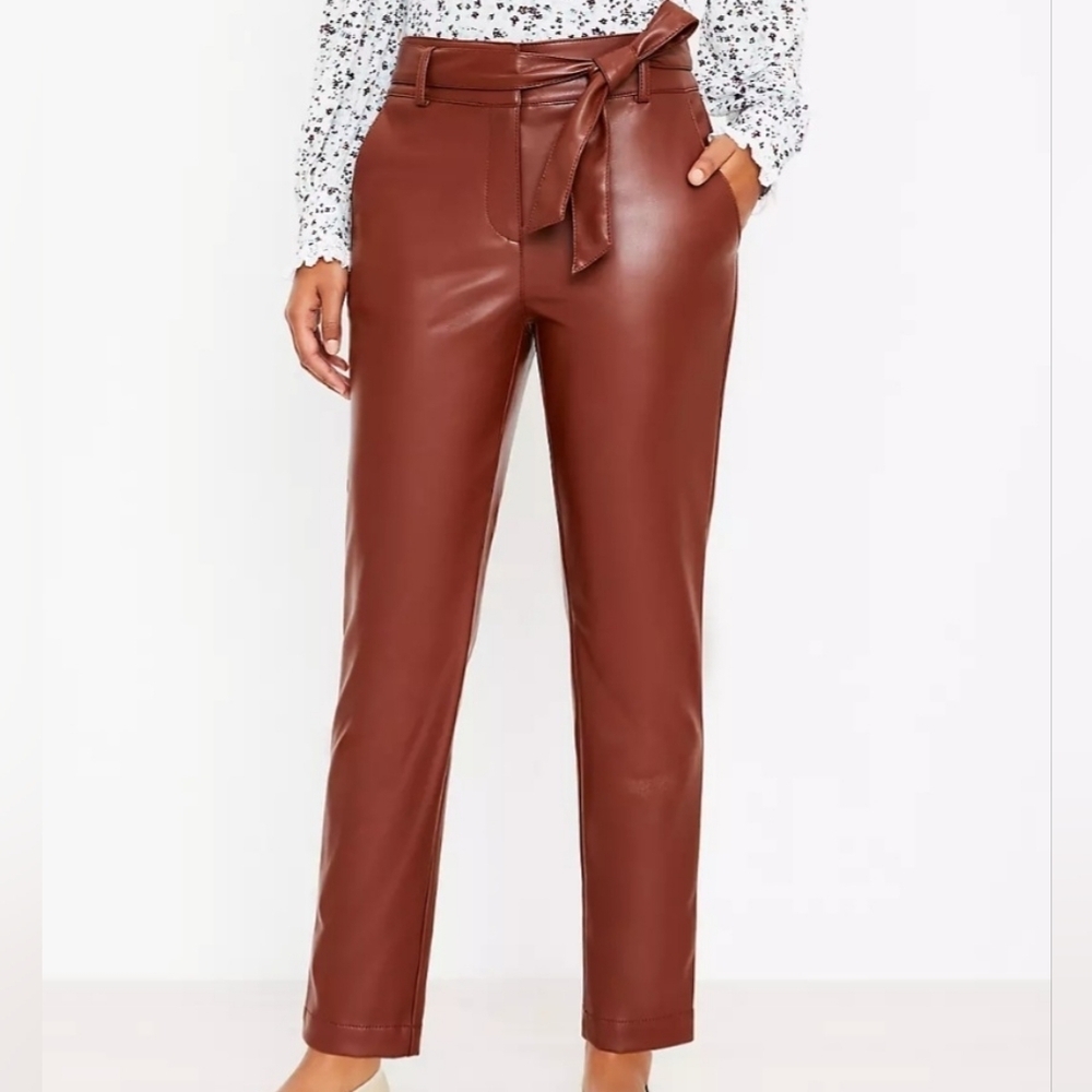 LOFT Sz 16 Curvy High Rise Tie Waist Slim Faux Leather Pants